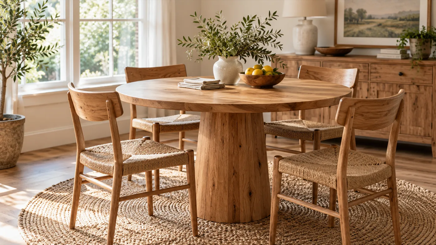 Round oak dining table with four matching chairs on a rug